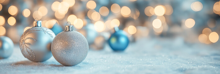 Silver and blue holiday ornaments on a soft snowy surface with bokeh lights, creating a peaceful holiday atmosphere with copy space