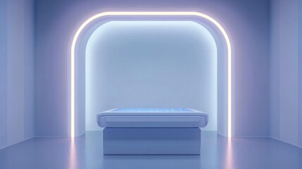 Futuristic bedroom design with soft neon lights, minimalist aesthetic