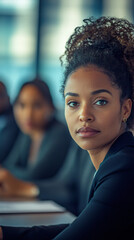 Poster - Determined young businesswoman leads a diverse team in a corporate meeting, demonstrating teamwork and ambition for success