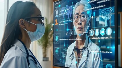Poster - A healthcare professional in a mask engages with a digital display, reviewing virtual patient information and medical analytics in a contemporary clinic setting.