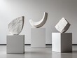 © Imagination  World - Three abstract sculptures displayed on pedestals, showcasing modern art elegance and unique geometric forms.