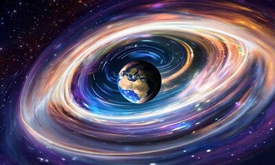 Wall Mural - A giant eye with a twinkling, starry sky as the iris, and the turning planet Earth as the pupil