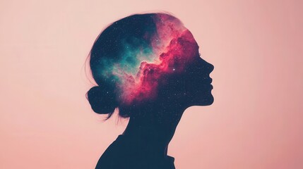 Poster - Ethereal Double Exposure of Woman’s Face with Cosmic Design