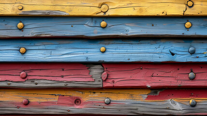 Poster - This composition showcases a series of wooden planks painted in vibrant colors like red, blue, and yellow, displaying natural grain and some wear, creating an artistic backdrop in an outdoor setting.