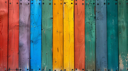 Poster - Colorful wooden planks in shades of blue, orange, yellow, green, and purple are arranged vertically, forming a vibrant and cheerful backdrop that adds character to any setting.