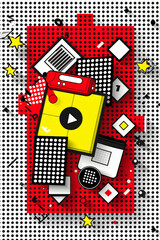 Poster - A vibrant assortment of geometric shapes in various colors, including yellow, red, and black, creates an engaging visual display filled with playful elements.