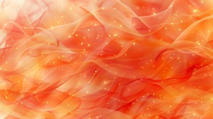 Poster - Colorful layers of orange and red fabric ripple gracefully, illuminated by soft light and sparkling particles, creating a warm and inviting atmosphere filled with dynamic movement and texture.