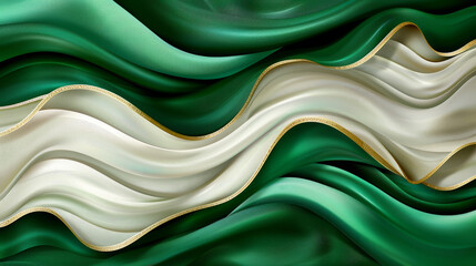 Poster - Soft, flowing fabric in shades of green and white creates graceful waves, accented with a delicate golden trim. The gently draped textiles evoke a sense of luxury and elegance.