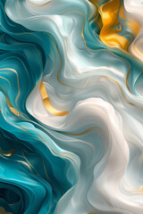 Poster - The artwork features an abstract composition of fluid waves in rich teal, soft white, and vibrant gold, creating a dynamic sense of movement and depth throughout the surface.