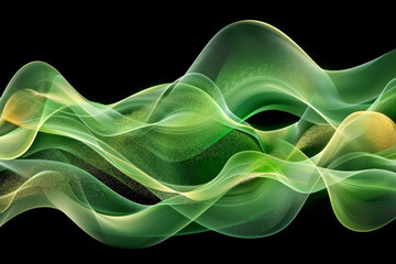 Fototapete - Swirling and flowing green waves intertwine, creating a smooth visual rhythm against a dark backdrop, showcasing the interplay of light and texture in an abstract design.