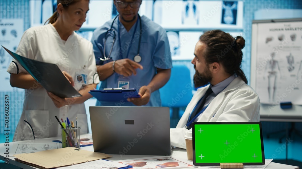Licensed doctor and his staff review x ray scan results next to ...