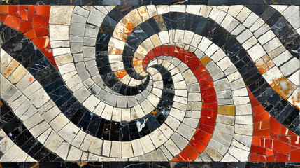 Poster - A stunning mosaic design features a captivating swirl of tiles in white, black, and red, showcasing intricate craftsmanship and vibrant colors that enhance any space.