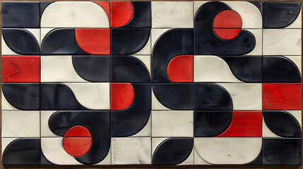 Poster - This artistic display showcases a vibrant arrangement of abstract shapes in red, black, and white, creating a visually striking focal point suitable for modern interior design.