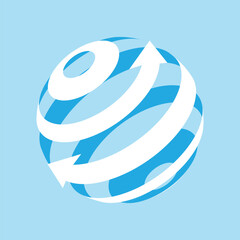 Poster - A flat logo of a globe with one arrow heading upwards right and one arrow heading downwards left in white on a blue background