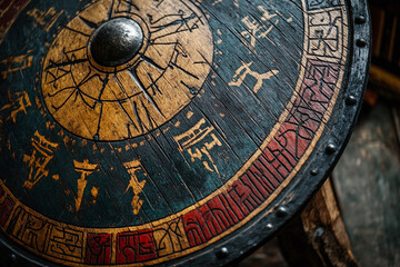 a Viking shield with painted Norse symbols and wear.