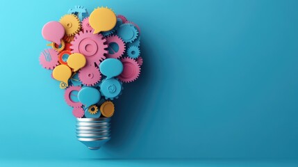 Poster - lightbulb filled with intricate gears and colorful speech bubbles, set against a blue background, symbolizing ideas and communication.