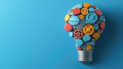 Poster - lightbulb filled with intricate gears and colorful speech bubbles, set against a blue background, symbolizing ideas and communication.