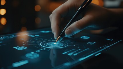 Poster - A close-up of a hand using a pen to navigate cybersecurity icons on a sleek interface, showcasing the intersection of creativity and technology.