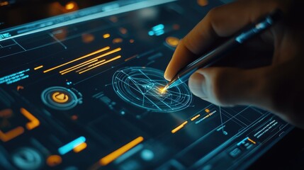 Poster - A close-up of a hand using a pen to navigate cybersecurity icons on a sleek interface, showcasing the intersection of creativity and technology.