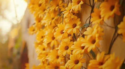 Aufkleber - A close-up of a wall adorned with bright yellow flowers, showcasing their vivid colors and intricate details against a soft backdrop.