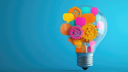 Poster - A creative lightbulb design featuring gears and vibrant speech bubbles within, representing innovation and thought, contrasted against a blue backdrop.