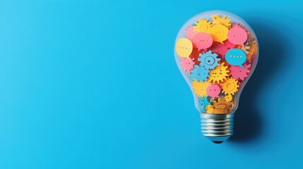 Poster - A creative lightbulb design featuring gears and vibrant speech bubbles within, representing innovation and thought, contrasted against a blue backdrop.