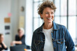 © mattegg - Business Casual Woman - Smiling Woman Denim Jacket in Bright Office