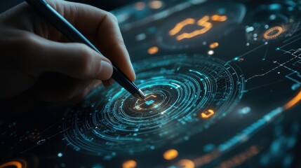 Poster - A detailed shot of a hand with a pen engaged with cybersecurity icons on a modern interface, illustrating the creativity behind digital protection.