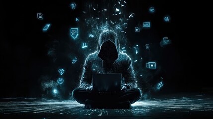 Poster - A hooded figure sits in a dark space, focused on their laptop as holographic symbols of cybersecurity float around, creating an intense and modern cyber atmosphere.