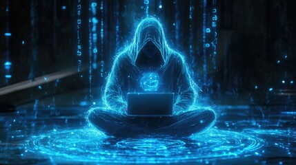 Poster - A hooded figure sits with a laptop, surrounded by glowing holographic cyber symbols, embodying the essence of cybersecurity and hacking in a futuristic setting.