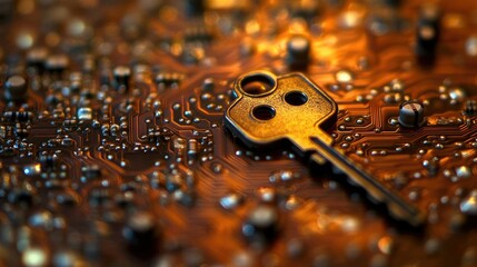 Poster - A key lying on a circuit board, representing the vital role of cybersecurity in safeguarding information and technology systems.