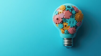 Poster - A lightbulb brimming with colorful gears and speech bubbles, showcasing creativity and collaboration against a soothing blue background.