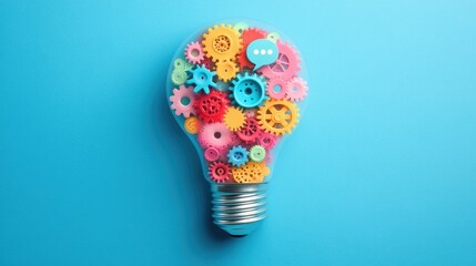 Poster - A lightbulb brimming with colorful gears and speech bubbles, showcasing creativity and collaboration against a soothing blue background.