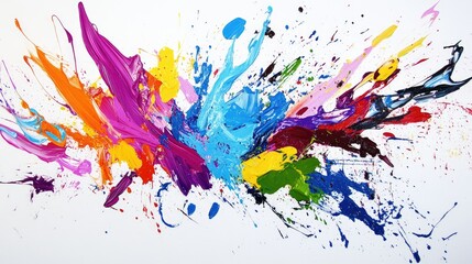Aufkleber - A vibrant explosion of colorful paint splashes captured mid-air against a white background, showcasing a dynamic and lively artistic scene.