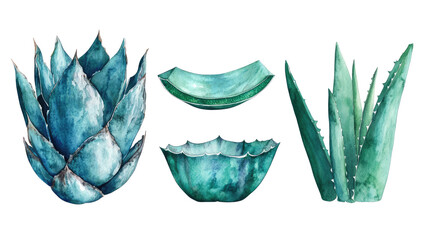 Poster - Set of Blue Agave and Aloe Vera Plants on a Transparent Background Generative AI