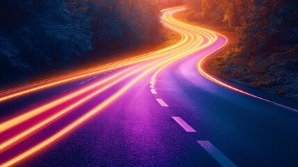 Poster - Vibrant Light Trails on Dark Road, Symbolizing Speed, Motion, and Modern Road Travel in Night Photography, Generative AI