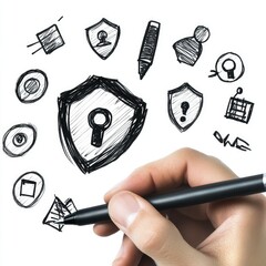Poster - Hand with Pen Interacting with Cybersecurity Icons