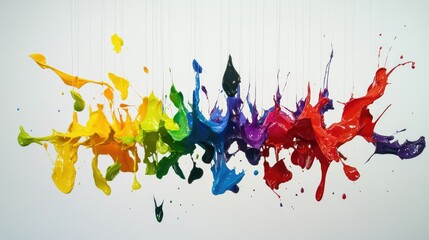 Aufkleber - Mid-air paint splashes in an array of vibrant colors, suspended against a clean white background, creating a visually dynamic and exciting scene.