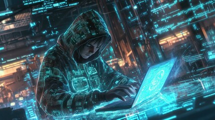 Poster - Surrounded by holographic digital symbols, a hooded figure works intently on a laptop, highlighting themes of cybersecurity and hacking in a cyberpunk aesthetic.