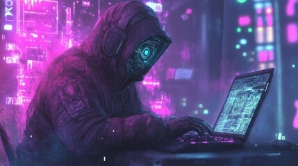 Poster - Surrounded by holographic digital symbols, a hooded figure works intently on a laptop, highlighting themes of cybersecurity and hacking in a cyberpunk aesthetic.