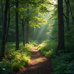 Aufkleber - Sunlight streams through the forest canopy, illuminating a winding path.