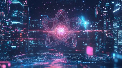 Poster - Futuristic Digital Atom on Glowing Cityscape Background