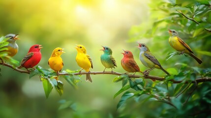 Colorful birds sing together in harmony on a branch surrounded by lush greenery