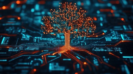 Poster - Glowing Circuit Board Tree with Blue and Orange Hues