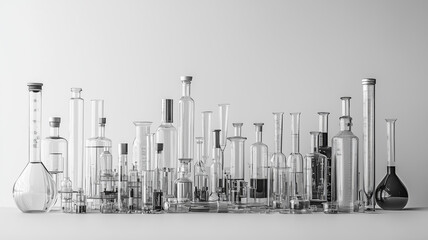 Poster - Black and white photo row many Laboratory equipment tanks flasks tubes taps in different groups isolated on white background