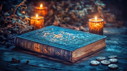 Aufkleber - Ancient Book Illuminated by Candles on a Wooden Table