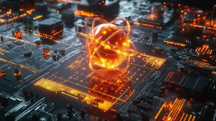 Poster - Futuristic Digital Circuit with Glowing Atom Model