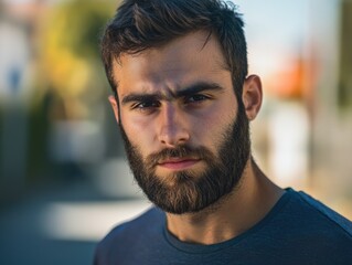 The image features a bearded young man looking confidently to the side with a neutral expression.