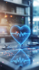 Aufkleber - Digital blue anatomical heart hologram with a heartbeat ekg line hovers above medical instruments