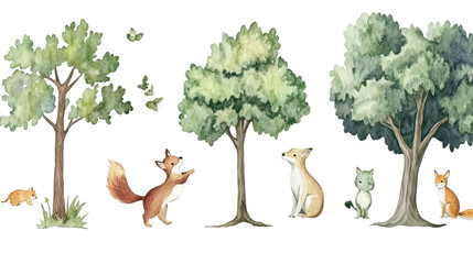 Poster - Charming Watercolor Woodland Animals and Trees Collection With Details Generative AI
